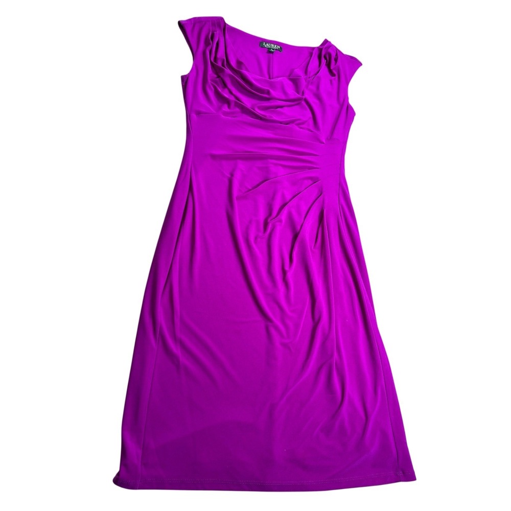 Lauren Ralph Lauren Midi Dress Women's 8 Fuchsia Magenta Cowl Neck Ruched